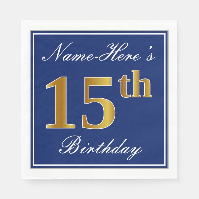 Elegant Blue, Faux Gold 15th Birthday; Custom Name Napkins (Front)