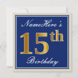 [ Thumbnail: Elegant, Blue, Faux Gold 15th Birthday + Name Invitation ]