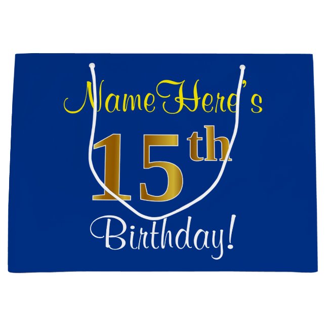 Elegant, Blue, Faux Gold 15th Birthday + Name Large Gift Bag (Front)