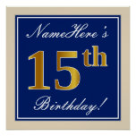 [ Thumbnail: Elegant, Blue, Faux Gold 15th Birthday + Name Poster ]