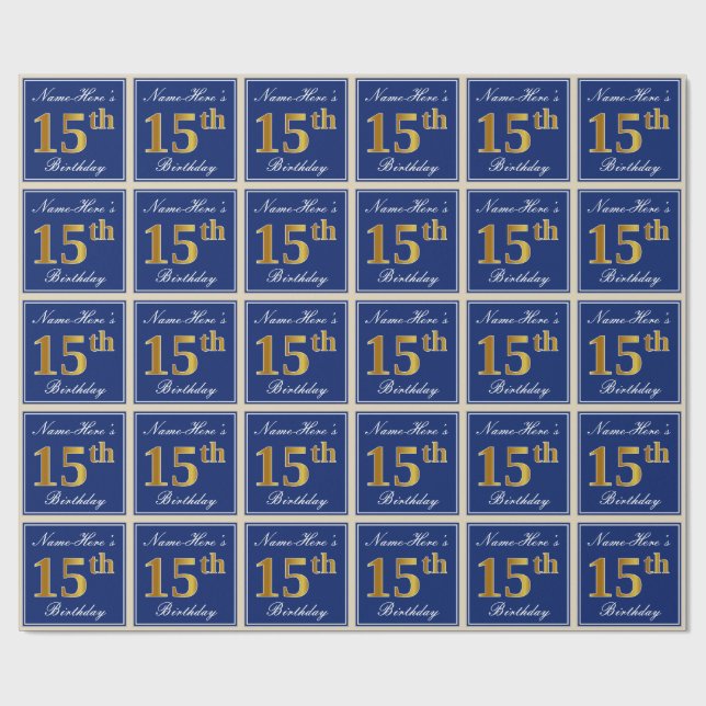 Elegant, Blue, Faux Gold 15th Birthday + Name Wrapping Paper (Flat)