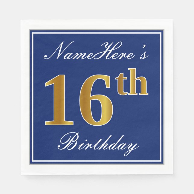 Elegant Blue, Faux Gold 16th Birthday; Custom Name Napkins (Front)