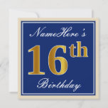 [ Thumbnail: Elegant, Blue, Faux Gold 16th Birthday + Name Invitation ]