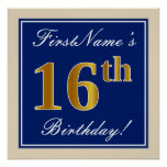 [ Thumbnail: Elegant, Blue, Faux Gold 16th Birthday + Name Poster ]