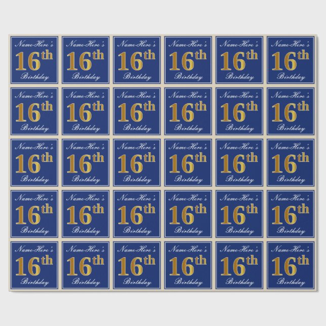 Elegant, Blue, Faux Gold 16th Birthday + Name Wrapping Paper (Flat)