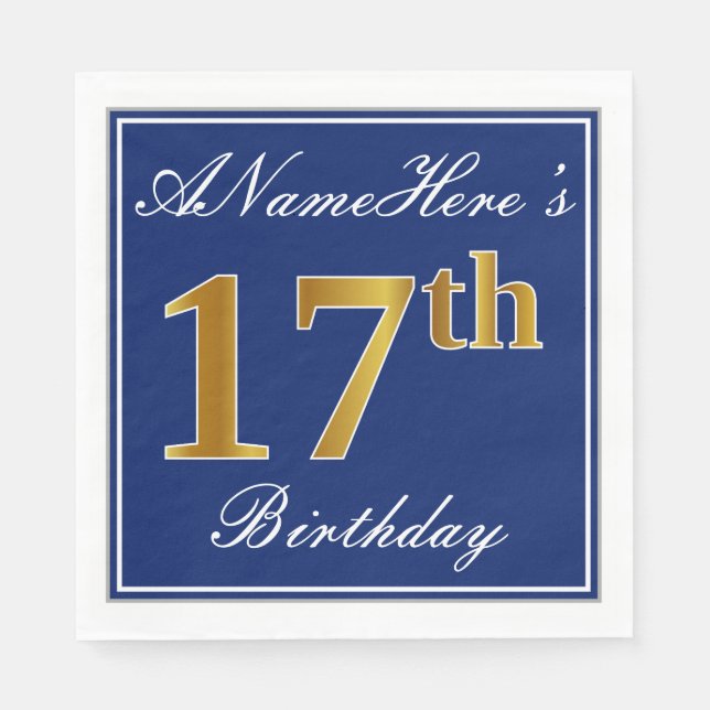 Elegant Blue, Faux Gold 17th Birthday; Custom Name Napkins (Front)