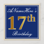 [ Thumbnail: Elegant, Blue, Faux Gold 17th Birthday + Name Invitation ]