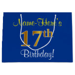 [ Thumbnail: Elegant, Blue, Faux Gold 17th Birthday + Name Gift Bag ]