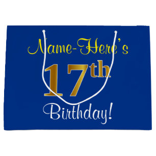 Elegant, Blue, Faux Gold 17th Birthday + Name Large Gift Bag