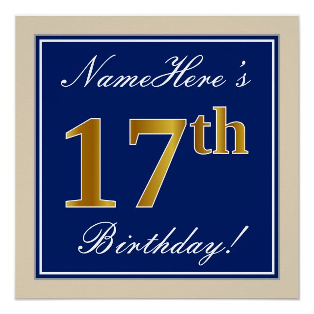 Elegant, Blue, Faux Gold 17th Birthday + Name Poster (Front)
