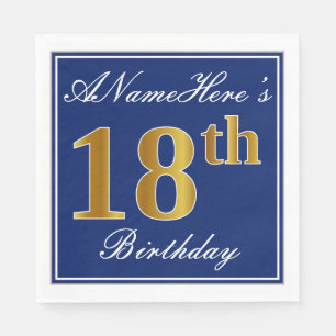 Elegant Blue, Faux Gold 18th Birthday; Custom Name Paper Napkins
