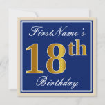 [ Thumbnail: Elegant, Blue, Faux Gold 18th Birthday + Name Invitation ]
