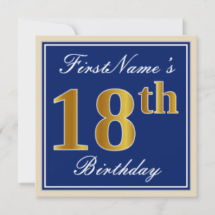 Elegant, Blue, Faux Gold 18th Birthday + Name Invitation