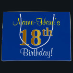Elegant, Blue, Faux Gold 18th Birthday   Name Large Gift Bag<br><div class="desc">This simple, elegant birthday gift bag design features a personalized message like "Name-Here’s 18th Birthday!" (with the "18th" having a faux/imitation gold-like coloring look) on a blue colored background. The name is in script-like, yellow-colored text, and can be personalized. A personalised birthday gift bag like this could perhaps be used...</div>