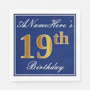 Elegant Blue, Faux Gold 19th Birthday; Custom Name Napkins