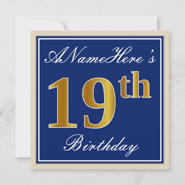 Elegant, Blue, Faux Gold 19th Birthday + Name Invitation (Front)