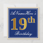 [ Thumbnail: Elegant, Blue, Faux Gold 19th Birthday + Name Invitation ]