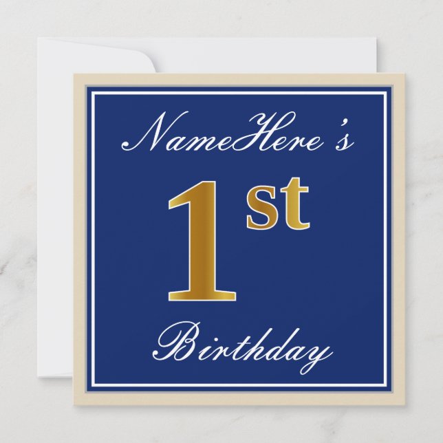 Elegant, Blue, Faux Gold 1st Birthday; Custom Name Invitation (Front)
