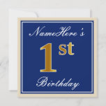 [ Thumbnail: Elegant, Blue, Faux Gold 1st Birthday; Custom Name Invitation ]