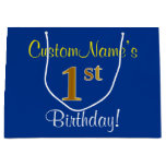 [ Thumbnail: Elegant, Blue, Faux Gold 1st Birthday; Custom Name Gift Bag ]