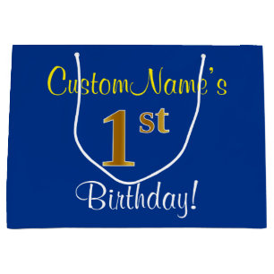 Elegant, Blue, Faux Gold 1st Birthday; Custom Name Large Gift Bag