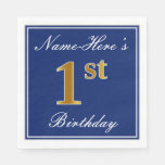 [ Thumbnail: Elegant Blue, Faux Gold 1st Birthday + Custom Name Napkins ]