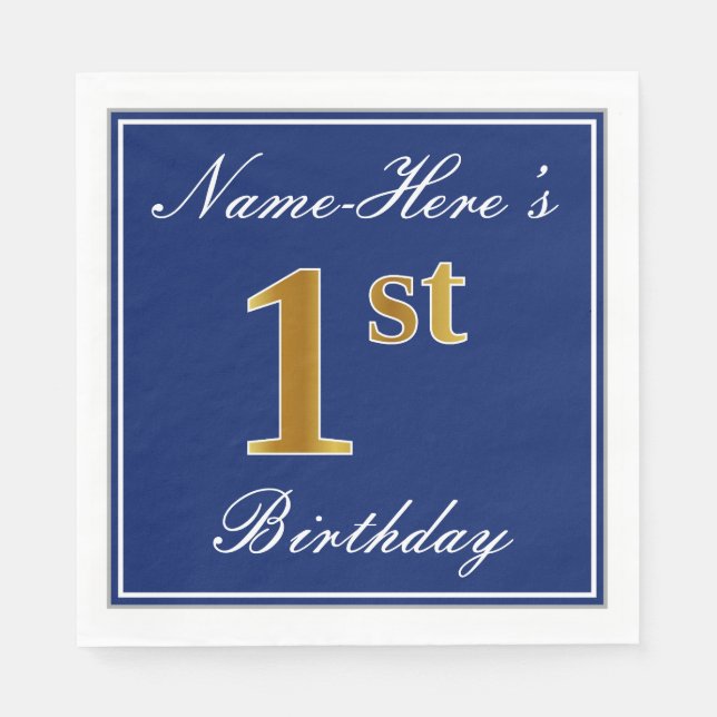 Elegant Blue, Faux Gold 1st Birthday + Custom Name Napkins (Front)