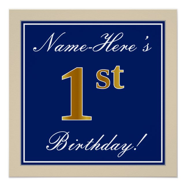 Elegant, Blue, Faux Gold 1st Birthday; Custom Name Poster (Front)