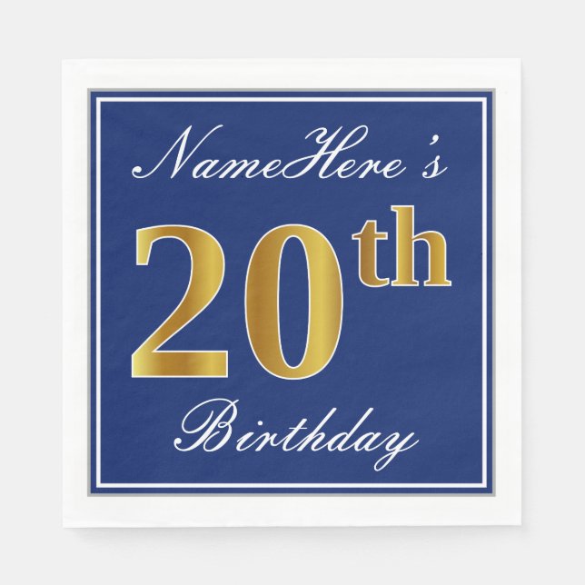 Elegant Blue, Faux Gold 20th Birthday; Custom Name Paper Napkins (Front)