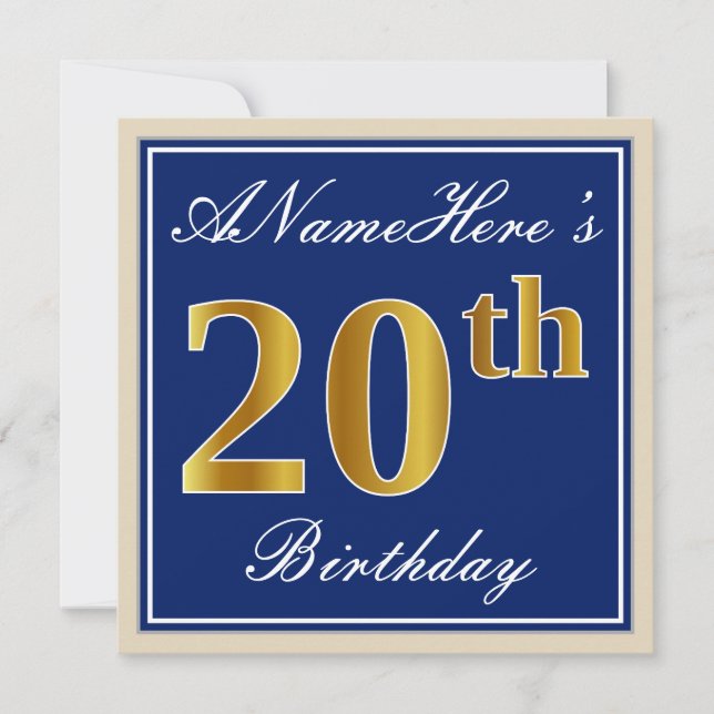 Elegant, Blue, Faux Gold 20th Birthday + Name Invitation (Front)
