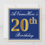 [ Thumbnail: Elegant, Blue, Faux Gold 20th Birthday + Name Invitation ]