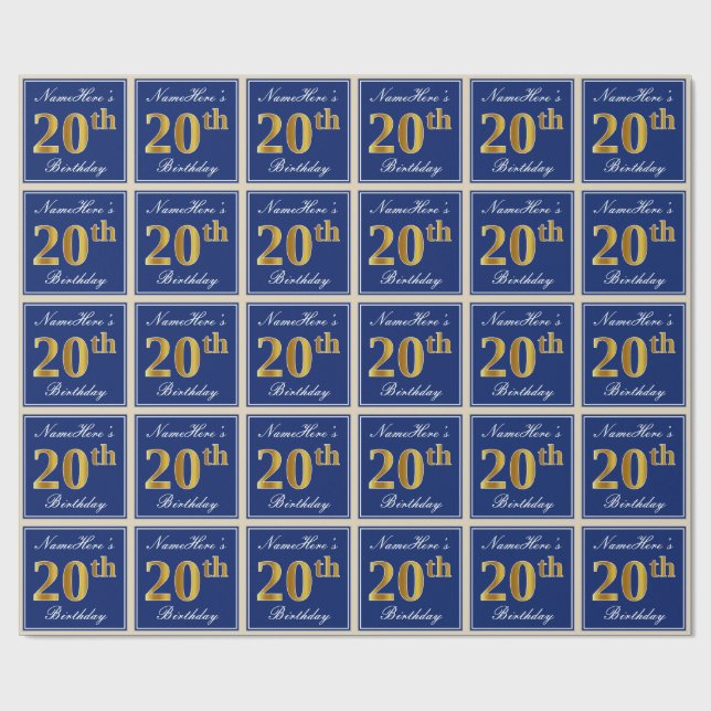 Elegant, Blue, Faux Gold 20th Birthday + Name Wrapping Paper (Flat)