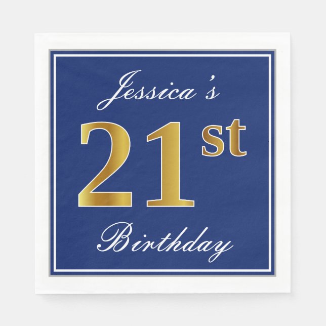 Elegant Blue, Faux Gold 21st Birthday; Custom Name Napkins (Front)