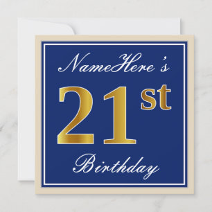 Elegant, Blue, Faux Gold 21st Birthday + Name Invitation