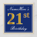 [ Thumbnail: Elegant, Blue, Faux Gold 21st Birthday + Name Invitation ]