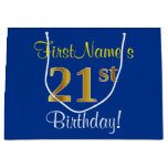 [ Thumbnail: Elegant, Blue, Faux Gold 21st Birthday + Name Gift Bag ]