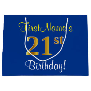 Elegant, Blue, Faux Gold 21st Birthday + Name Large Gift Bag