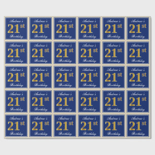 Elegant, Blue, Faux Gold 21st Birthday + Name Wrapping Paper