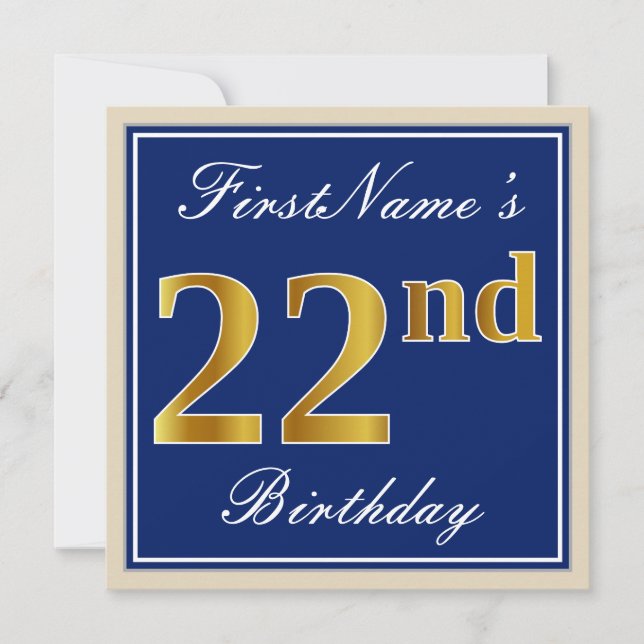 Elegant, Blue, Faux Gold 22nd Birthday + Name Invitation (Front)