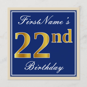 Elegant, Blue, Faux Gold 22nd Birthday + Name Invitation