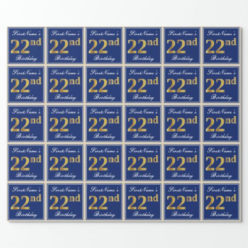 Elegant Blue Faux Gold 22nd Birthday  Name Wrapping Paper