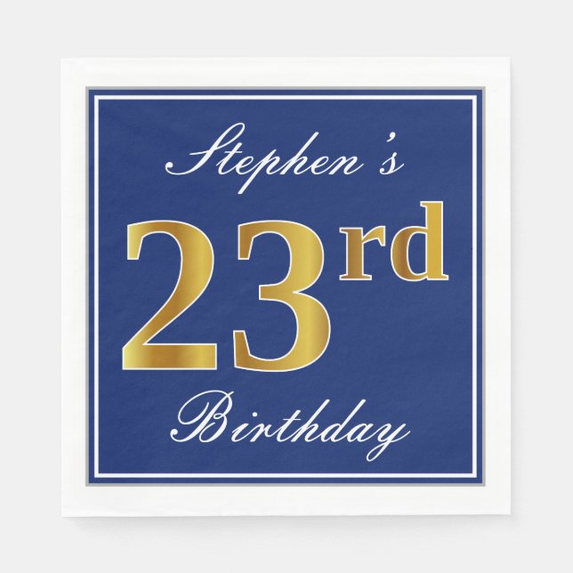 Elegant Blue, Faux Gold 23rd Birthday; Custom Name Napkins (Front)