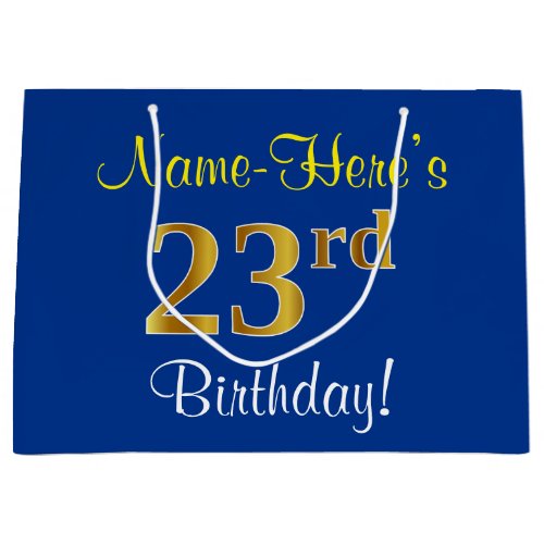 Elegant Blue Faux Gold 23rd Birthday  Name Large Gift Bag