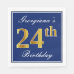 [ Thumbnail: Elegant Blue, Faux Gold 24th Birthday; Custom Name Napkins ]