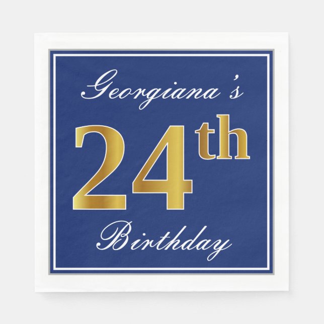 Elegant Blue, Faux Gold 24th Birthday; Custom Name Napkins (Front)