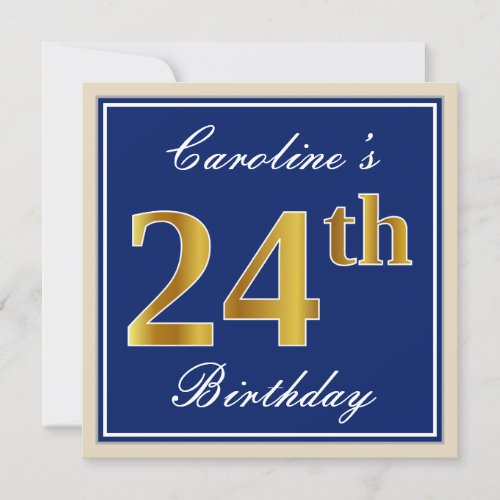 Elegant Blue Faux Gold 24th Birthday  Name Invitation
