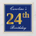 [ Thumbnail: Elegant, Blue, Faux Gold 24th Birthday + Name Invitation ]