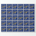 [ Thumbnail: Elegant, Blue, Faux Gold 24th Birthday + Name Wrapping Paper ]