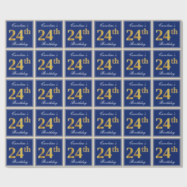 Elegant, Blue, Faux Gold 24th Birthday + Name Wrapping Paper (Flat)