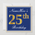 [ Thumbnail: Elegant, Blue, Faux Gold 25th Birthday + Name Invitation ]